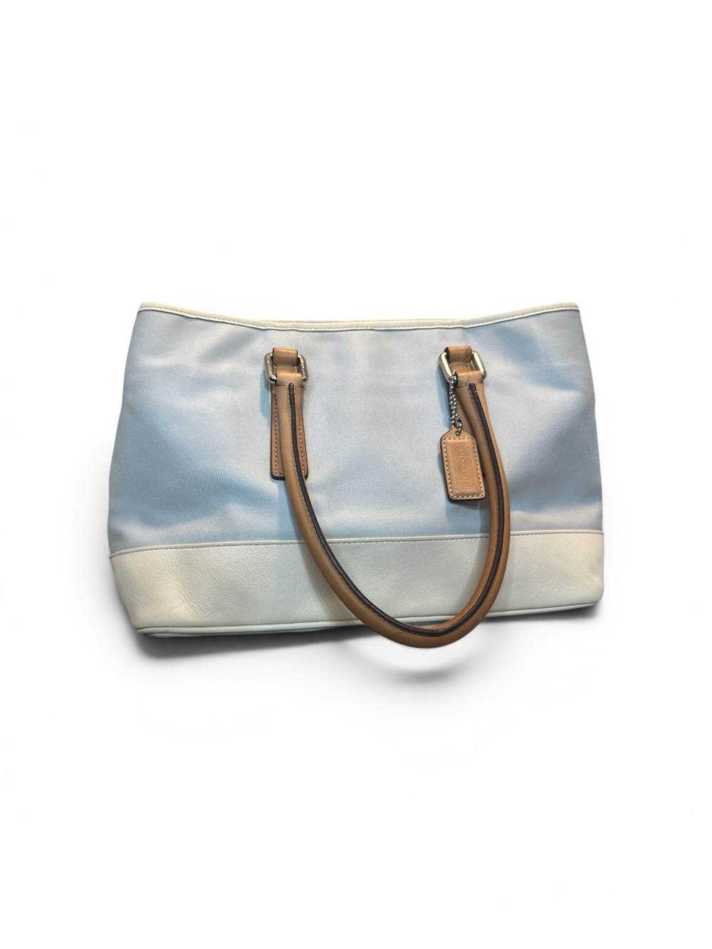 Vintage Coach Light Blue and Cream Tote with Tan Handles